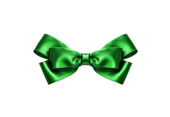 A green ribbon with a bow on a white.