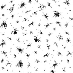 Seamless pattern of black blots on a white background. Endless texture for halloween. Scary background with spiders, simple abstract drawings.