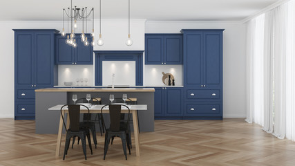 Modern house interior. Blue kitchen with a gray island. 3D rendering. - 290513145