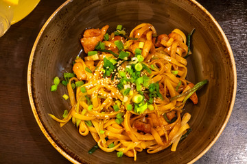 Udon noodles with chicken and onion - Japanese cuisine