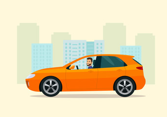 Fototapeta na wymiar Hatchback car with a driver man on a background of abstract cityscape. Vector flat style illustration.
