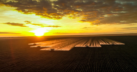 Spraying pesticides and fertilizers on sunset cotton crop - obrazy, fototapety, plakaty