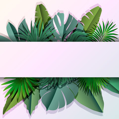 Modern background with tropical palm 3d leaves. Paper cut shapes. Space for text. Vector illustration