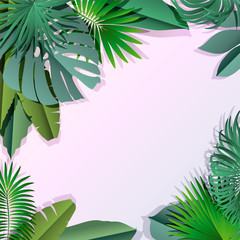 Modern background with tropical palm 3d leaves. Paper cut shapes. Space for text. Vector illustration