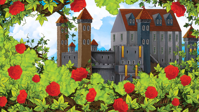 Cartoon scene of rose garden near castle in the background illustration for children