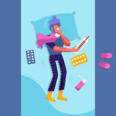 Sick man in bed with the symptoms of cold, flu. Flat Cartoon vector character on pillow with blanket and scarf, huge medicine, thermometer. Illustration of unhealthy guy with a high fever, headache.