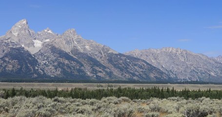 Grand Teton mountain range Wyoming pan. Mountaineering, hiking, fishing and recreation.  2.5 million visitors a year. Geography, geology, environment, history, landscape.