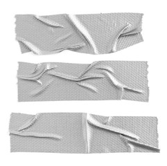 Different pieces of grey crumpled matte cloth gaffer tape isolated on white background.