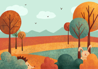 Autumn landscape (card) with rabbit, hedgehog, leaves, trees. Hand drawn illustration.