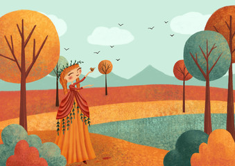 Paysage d& 39 automne (carte) avec fée fille, feuilles, arbres. Illustration dessinée à la main.