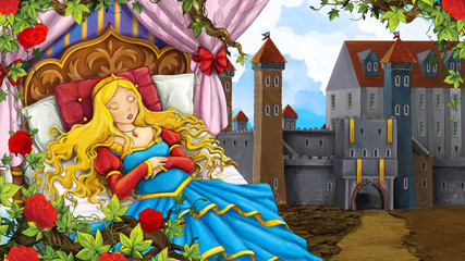 Cartoon scene of rose garden with sleeping princess near castle in the background illustration for children - obrazy, fototapety, plakaty