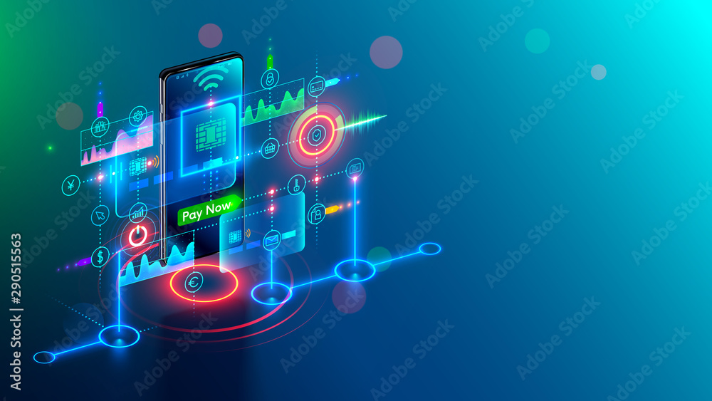 Poster nfc contactless payment technology in mobile phone. virtual banking card pay via smartphone. abstrac
