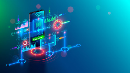 NFC contactless payment technology in mobile phone. Virtual banking card pay via smartphone. Abstract interface of banking mobile application and services. Online shopping security. Conceptual banner.