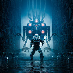Entering the temple / 3D illustration of science fiction scene showing evil skull faced astronaut exploring watery corridor with giant robot © grandeduc