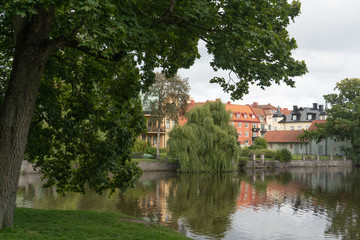 Fototapeta na wymiar Buildings and willow in town park. Orebro town. Background or illustration. Travel photo.