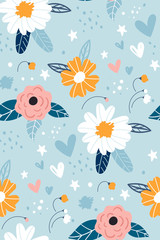Seamless pattern with creative decorative flowers in scandinavian style. Great for fabric, textile.Printing with in hand drawn style light blue background.