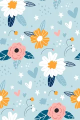 Zelfklevend Fotobehang Bloemenmotief Naadloos patroon met creatieve decoratieve bloemen in Scandinavische stijl. Geweldig voor stof, textiel. Afdrukken met in de hand getekende stijl lichtblauwe achtergrond.
