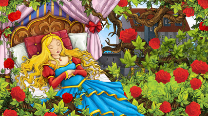 Cartoon scene of rose garden with sleeping princess near castle in the background illustration for children