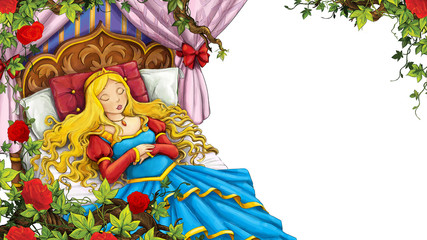 Cartoon scene of rose garden with sleeping princess with white background illustration for children © honeyflavour