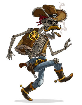 Cartoon detailed realistic colorful scary human skeleton with skull in leather cowboy hat and boots with cigar, sheriff badge and pistol. Isolated on white background. Vector icon.