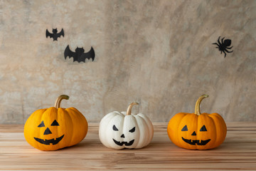 Front view of Halloween pumpkins, Yellow and white pumpkins ghost on cement wall background., Bat and spider background with copy space for text. Halloween concept.