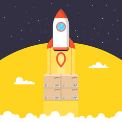 Fast delivery service banner. Rocket with the boxes. Vector illustration.