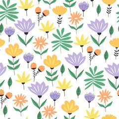 Fototapeta na wymiar Floral garden seamless pattern. Flowers with stems repeat background. Baby wallpaper design.