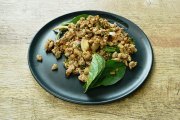Thai spicy minced pork salad on dish 