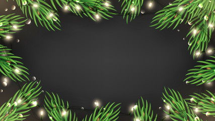 Christmas banner with fir-tree branches. Holiday background with frame form Christmas tree branches and sparkling light garlands. Festive vector illustration.