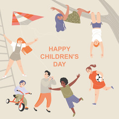 Happy International Children's Day greeting illustration with cute cartoon characters playing and having fun.