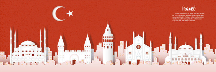 istanbul City with panoramic views landmark of turkey, origami style paper for travel postcards, Vector illustration.