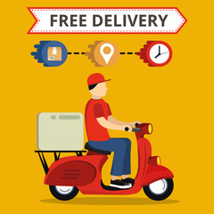 Concept of the fast delivery service on scooter or motorbike. Flat vector illustration.