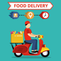 Concept of the fast grocery delivery service on scooter or motorbike. Flat vector illustration.