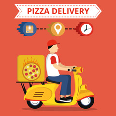 Concept of the fast pizza delivery service on scooter or motorbike. Flat vector illustration.