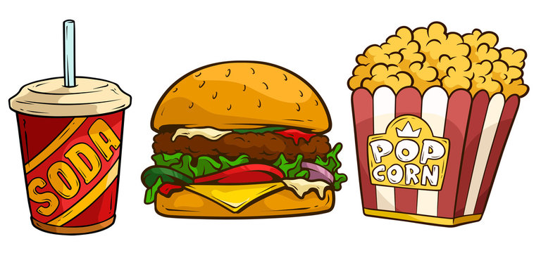 Cartoon tasty big hamburger with cheese and sesame seeds, popcorn in paper bucket box and red plastic cup of soda drink with straw. Isolated on white background. Cinema icon. Vector sticker set.
