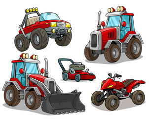 Cartoon rCartoon red front loader bulldozer or tractor with shovel, offroad monster truck, modern quad motorbike and lawn mower. Isolated on white background. Vector icon set. © GB_Art
