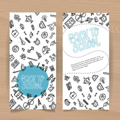 Back to school vertical flyer template with different school objects. School sale banners set with black line doodle supplies and stationery. Sketches for education poster design