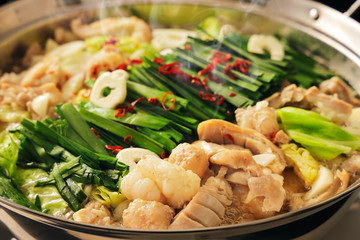 もつ鍋　Motsunabe. Giblets cooked in a hot pot Japanese food