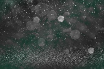 teal, sea-green wonderful brilliant glitter lights defocused bokeh abstract background and falling snow flakes fly, festal mockup texture with blank space for your content