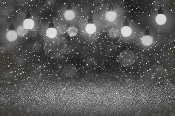 Fototapeta na wymiar cute glossy glitter lights defocused light bulbs bokeh abstract background with sparks fly, festal mockup texture with blank space for your content