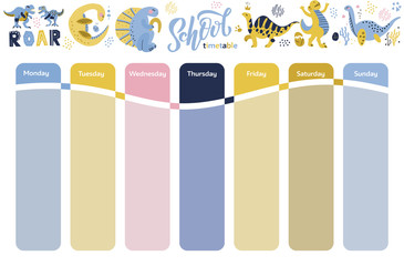 Template school timetable. Schedule of lessons in the school. Funny cartoon dinosaurs of the Jurassic period above 7 days week schedule. Education design hand drawn doodle flat color illustration