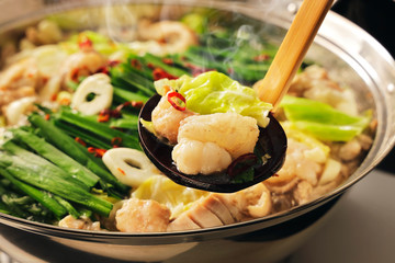 もつ鍋　Motsunabe. Giblets cooked in a hot pot Japanese food