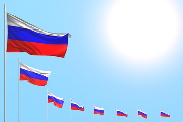wonderful many Russia flags placed diagonal on blue sky with place for your text - any occasion flag 3d illustration..