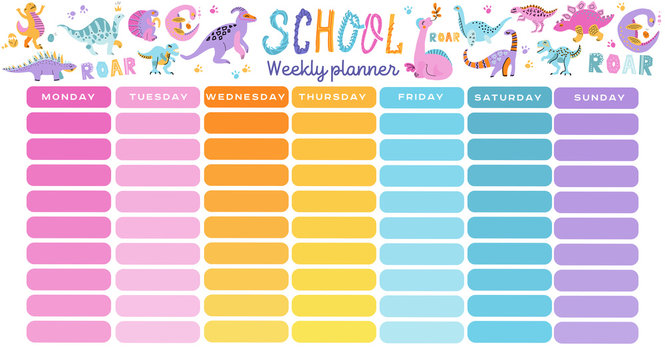 Template school timetable. Illustration includes hand drawn cartoon dinosaur characters. Seven rainbow columns to fill. Education design hand drawn doodle flat color illustration