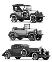 Cartoon black and white retro vintage luxury convertible cars with spare wheel. Isolated on white background. Vector icon set.