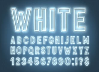 Neon white font, light alphabet with numbers on a dark background.