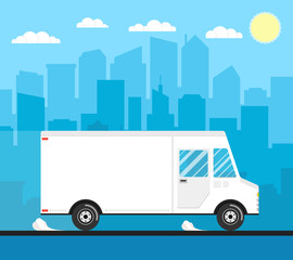 Delivery truck of delivery rides at high speed. City skyscrapers, clouds and sun on the background. Flat vector illustration.