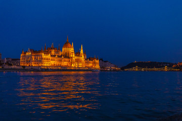 The Hungarian Parliament Building, a notable landmark of Hungary in Budapest at a blue hour after sunset.