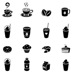 Black Coffee and Breakfast Icons on a White Background Illustration