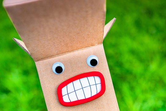 Open box on a background of grass. Corrugated box close up. Packaging for goods. Cardboard box on blurry green background. Open package. Corrugated packaging production. Gofrakorton.Tara.